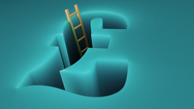 Business Finance Concept: British Pound Currency Symbol With Wooden Ladder Leading Into a Hole