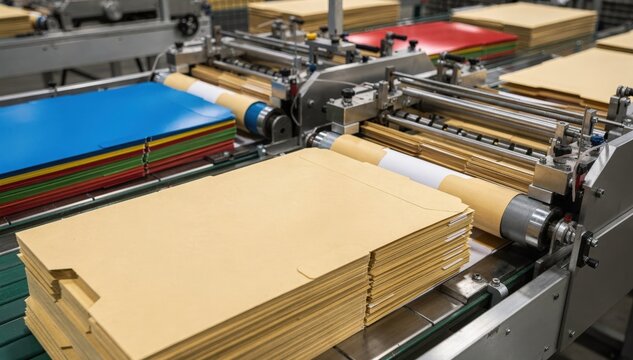 Medium shot of manila file folders folding and gluing on assembly line showcasing precise industrial process for office organization supplies. Medium shot of colorful file folders