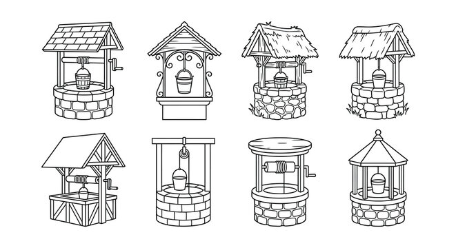 Collection Of Well Structures Black Line Vector Illustration