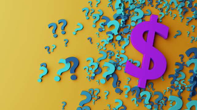 Purple Dollar Sign Among Blue Question Marks Representing Financial Uncertainty And Money Questions