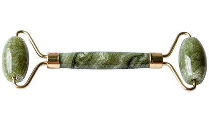 Green jade facial roller with gold metal accents, isolated on transparent background © Jonathan