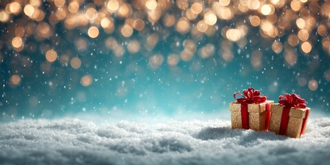 Fototapeta premium Two gold gifts with red ribbons on snowy ground with bokeh lights
