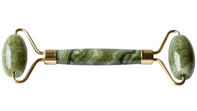 Green jade facial roller with gold metal accents, isolated on transparent background