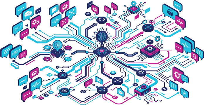 Microchip processor connects to various digital communication bubbles in a complex isometric network.