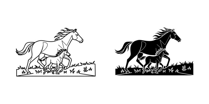 Mare and foal running vector illustration with landscape silhouette illustration