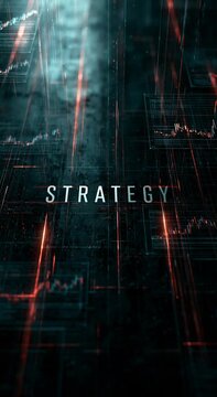 A futuristic data visualization environment filled with floating charts, glowing lines, and smooth kinetic motion. Central typography reading &ldquo;STRATEGY&rdquo; pulses subtly with energy.