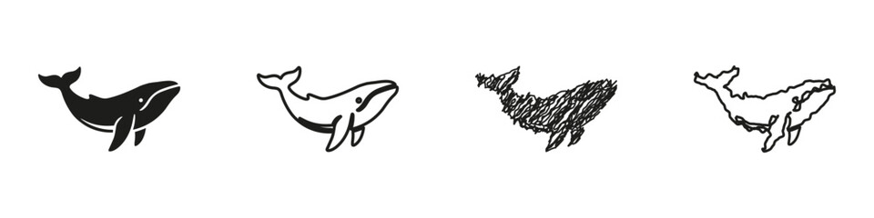 A set of four distinct whale illustrations, ranging from a solid silhouette to a sketchy outline, perfect for marine themes © 7Author