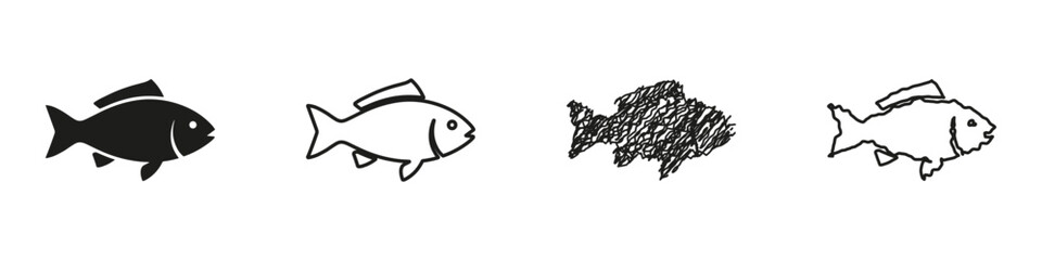 Fototapeta premium A set of diverse fish graphics including a solid silhouette, a clean outline, a scribbled sketch, and a hand-drawn doodle