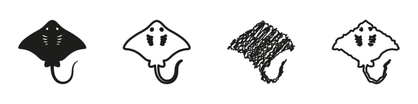 A set of four distinct graphic representations of a stingray, showcasing different artistic interpretations and styles for versatile design applications