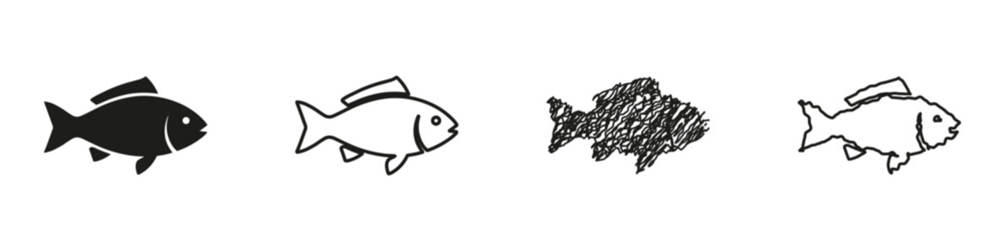 A set of diverse fish graphics including a solid silhouette, a clean outline, a scribbled sketch, and a hand-drawn doodle