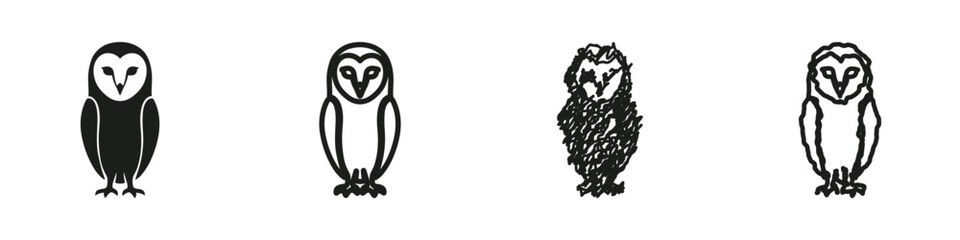 A set of four distinct barn owl illustrations, ranging from a solid silhouette to a rough sketch, showcasing different artistic styles © 7Author
