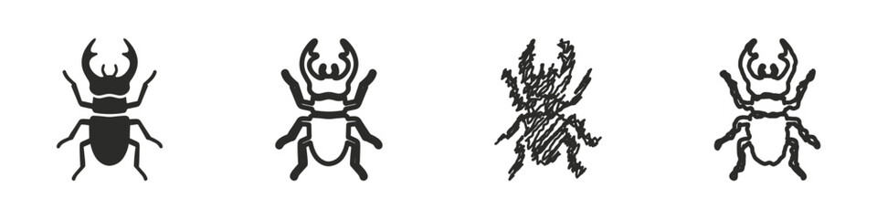 A set of four distinct insect illustrations, featuring solid silhouettes, line art, and a sketched appearance, showcasing different artistic interpretations of beetles and bugs © 7Author