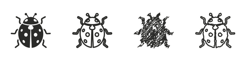 A set of four distinct ladybug illustrations, featuring solid fill, outline, and sketchy interpretations © 7Author