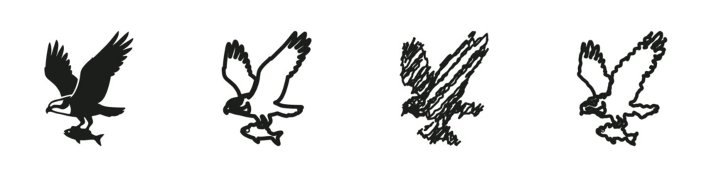A silhouette of an osprey with wings spread wide, clutching a fish in its claws, depicted in a graphic, stylized manner