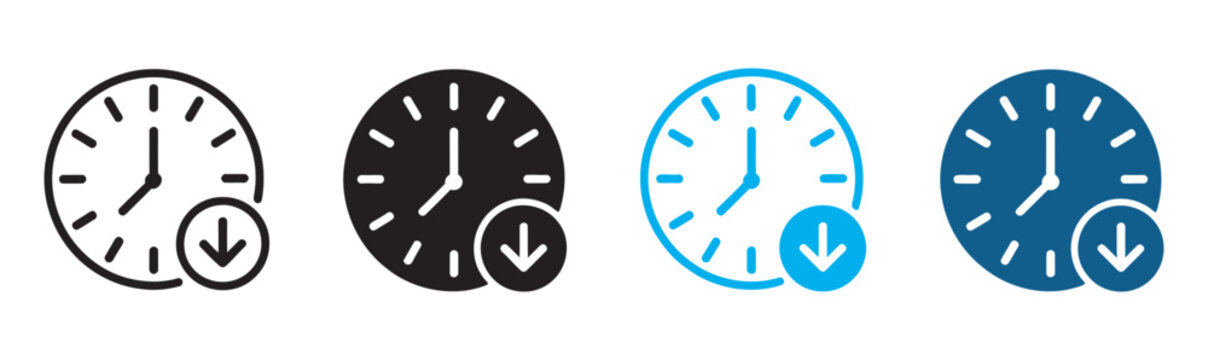 Time reduction multiple style icon design vector, clock with down arrow time decrease workflow speed optimization deadline pressure icons