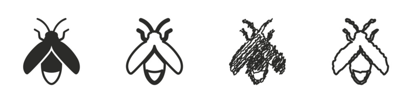 A set of four distinct firefly icons, showcasing different artistic styles from solid silhouette to hand-drawn sketch
