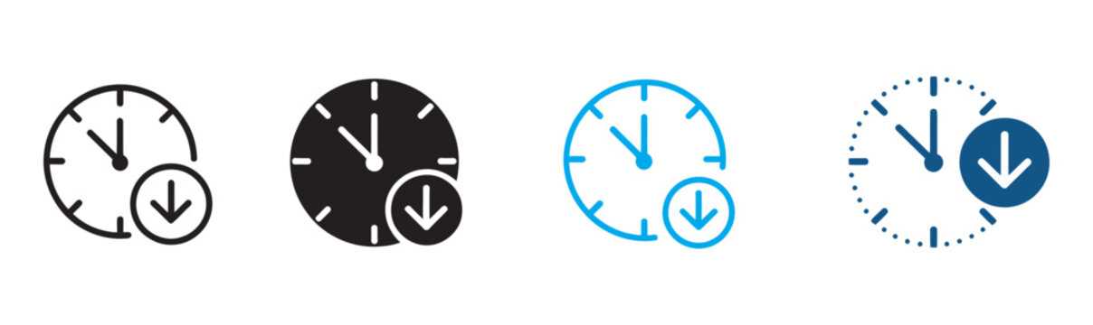 Time reduction multiple style icon design vector, clock with downward arrow time decrease deadline pressure faster processing symbol set