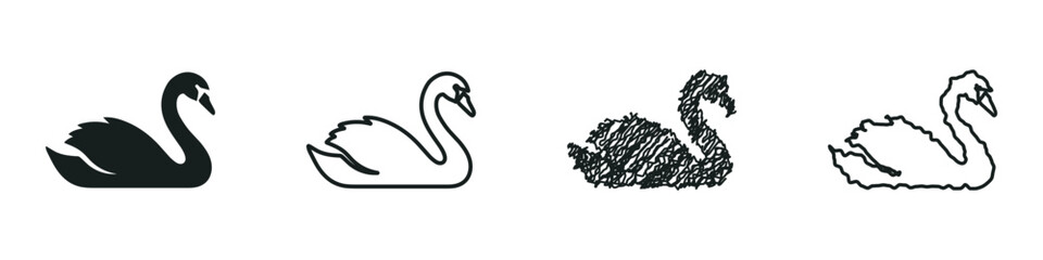A set of four unique swan graphics showcasing silhouette, outline, sketch, and freehand line art variations © 7Author