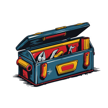 Vector art of a metal toolbox filled with repair tools like screwdriver, pliers, and wrench, featuring maintenance concept, clean design, workshop theme, and practical icon artwork.