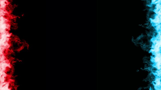 赤と青の炎がメラメラと燃え続けるアニメーション。リアルな火の映像背景。左右を火に囲まれたフレーム。試合や対戦を演出するエフェクト