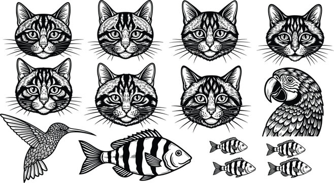 Detailed woodcut style engraving illustration set featuring striped cat heads parrot hummingbird and black drum fish species