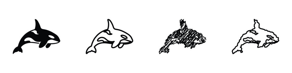 A collection of four distinct artistic interpretations of an orca whale, ranging from solid silhouette to sketched outlines, highlighting its iconic form © 7Author