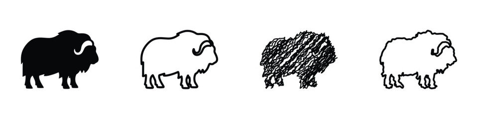 A set of four distinct visual representations of a musk ox, including a silhouette, outline, sketch, and line art © 7Author