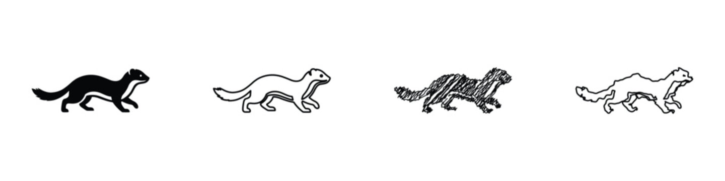 A collection of four distinct graphic representations of a weasel, showcasing different artistic styles and line work for versatile design applications