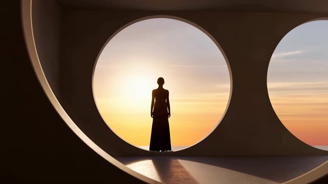 Silhouette woman standing centered in circular architectural opening with sun halo at sunset