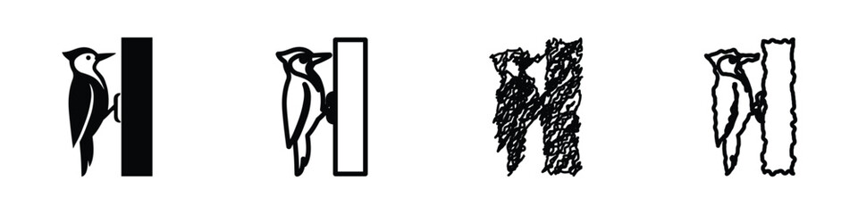 A collection of four distinct graphic representations of a woodpecker perched on a tree trunk, each with a unique artistic style © 7Author
