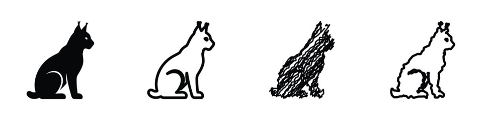 A collection of four distinct artistic representations of a sitting lynx, showcasing silhouette, clean outline, scribbled sketch, and rough outline styles © 7Author