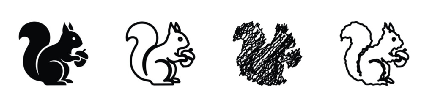 A set of four distinct squirrel illustrations, each rendered with a unique artistic approach, from solid silhouette to sketchy outlines