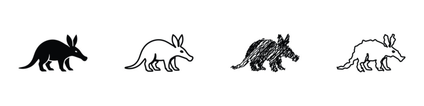 A set of four distinct artistic interpretations of the aardvark, ranging from a solid silhouette to a hand-drawn sketch