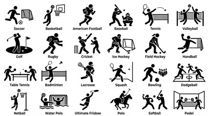 Fototapeta premium Collection of twenty‑four solid black icons depicting ball games and sports activities, symbolizing athletic movement, competition, and recreation in modern minimalist graphic design.