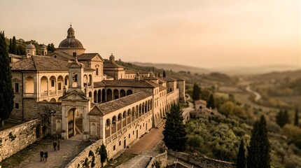 Fototapeta premium Ancient Monastery Architecture at Sunset in the Italian Countryside