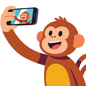 Simple vector art of a cute monkey taking a selfie with a smartphone, featuring playful expression, fun animal character, clean outlines, modern style, and cheerful concept artwork.
