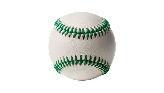 Classic white baseball with green stitching, isolated on transparent background