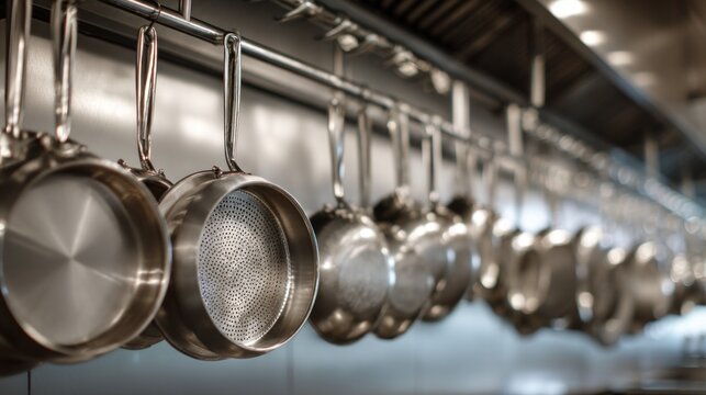 Shiny stainless steel pots and pans hang neatly from an overhead rack in a busy, well-equipped kitchen