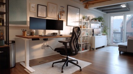 Fototapeta premium Bright, contemporary home office with standing desk, ergonomic chair, wall art, shelves, and patio view