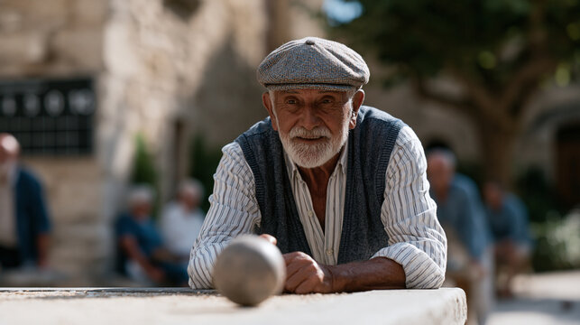 elderly men bent in concentration during p&eacute;tanque tournament in limestone village square, boule hanging mid-arc, September afternoon shade under plane trees, scoreboard chalked on