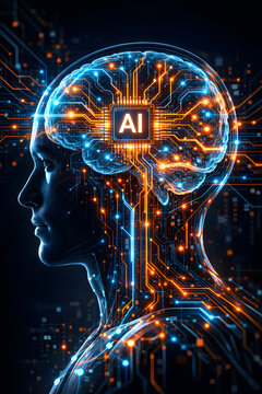Futuristic Artificial Intelligence Human Brain with AI Chip and Digital Neural Network Technology