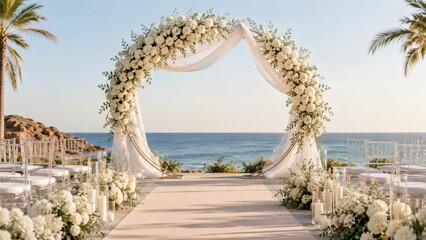 Fototapeta premium Floral Wedding Arch On Oceanfront Beach Ceremony Platform