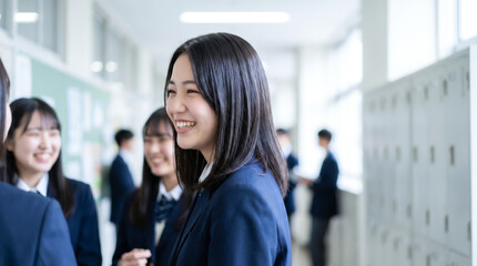 Obraz premium 笑顔の女子高生たち 学校生活を楽しむ制服姿の学生
