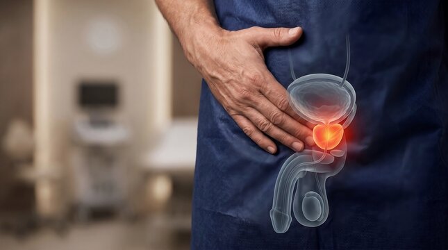 Man suffering from prostate pain with holographic male reproductive system anatomy overlay. Male patient holding painful lower abdomen, medical clinic diagnostics for prostatitis