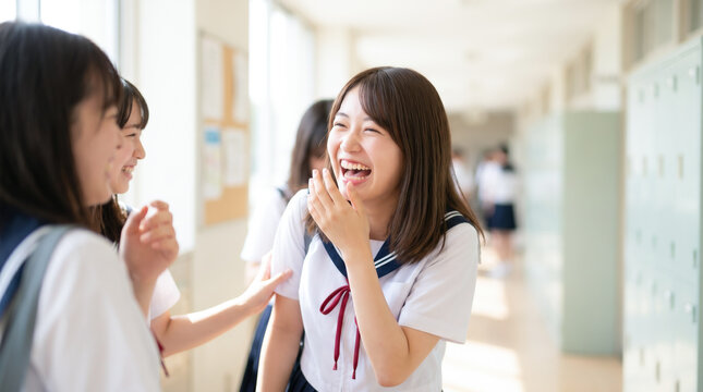 笑顔の女子高生たち　学校生活を楽しむ制服姿の学生