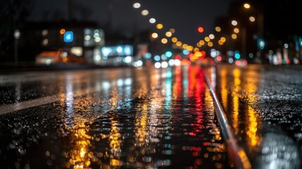 Obraz premium Wet street at night, reflecting colorful lights, bokeh, blurred motion