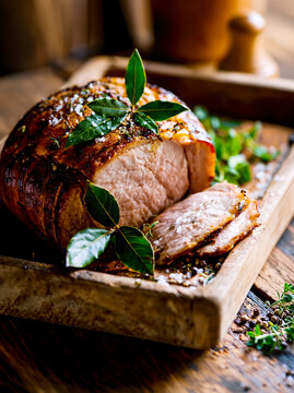 Smoked Pork Loin Sliced on Rustic Wooden Board AI Generative
