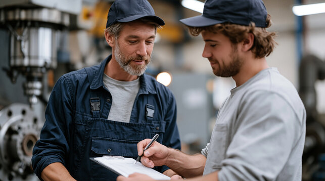 Over the shoulder view of apprenticeship program coordinator reviewing completed skills assessment checklist while tradesperson demonstrates technique on industrial machinery,