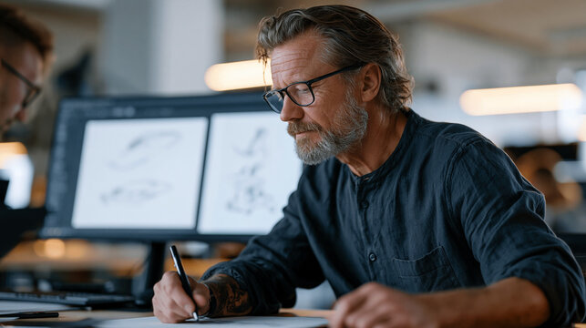 Veteran product designer and an AI tool working side by side at a dual-screen workstation, the human sketching refinements while model suggestions populate the adjacent display, a