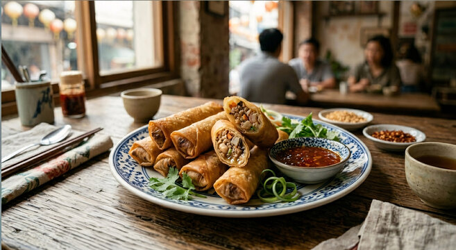 Crispy Filipino lumpia rolls filled with pork, shrimp, and vegetables, served with sweet chili dipping sauce in a cozy restaurant